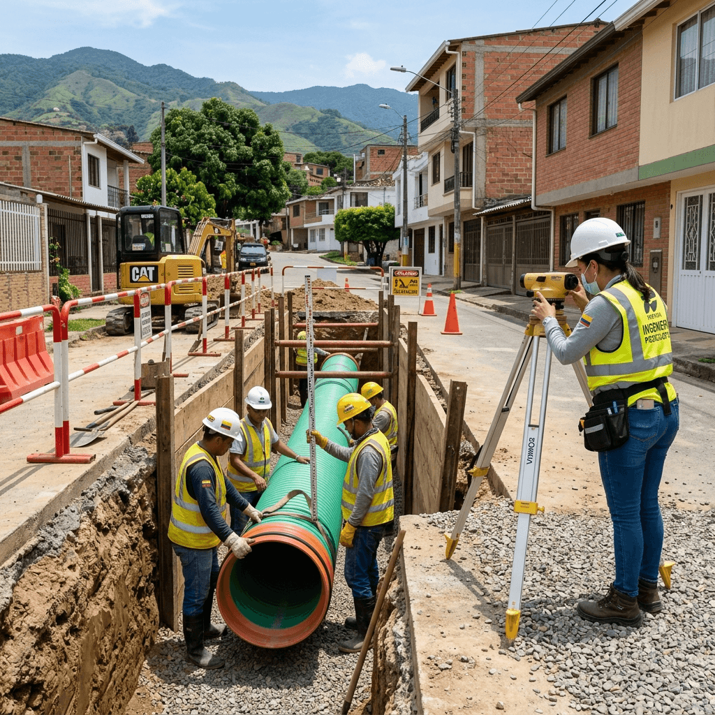 Instalación de redes hidrosanitarias y alcantarillado urbano con control topográfico de pendiente por Accuretta Ingeniería en Santander, Colombia