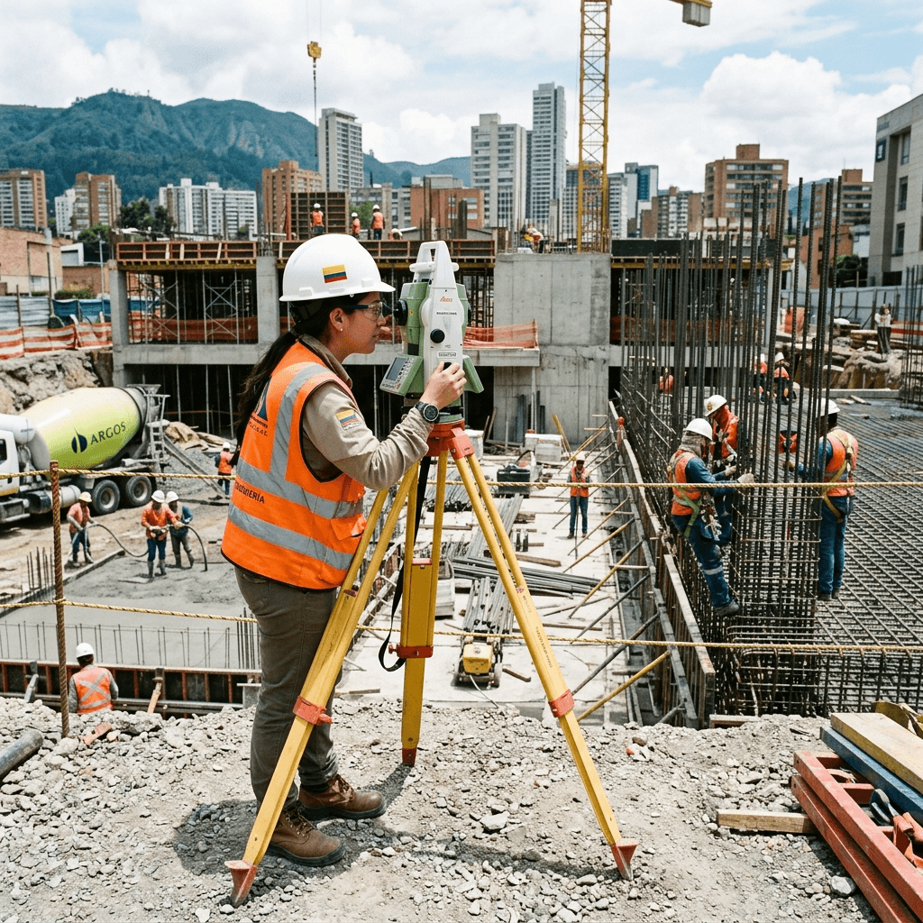 Ingeniero civil de Accuretta Ingeniería realizando levantamiento con estación total en fundaciones de concreto para modelado As-Built BIM en Colombia
