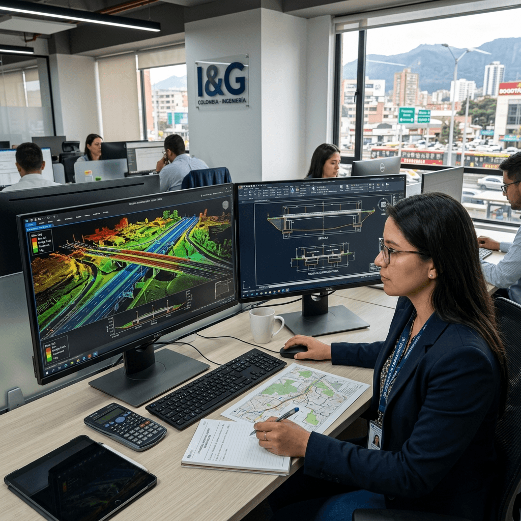 Ingeniero civil de Accuretta Ingeniería realizando auditoría y análisis de nube de puntos LiDAR en Bucaramanga