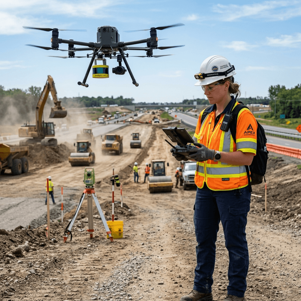 Ingeniero civil operando dron LiDAR