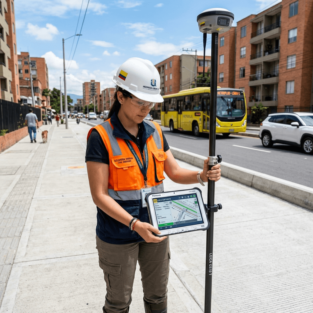 Ingeniero civil de Accuretta Ingeniería capturando datos topográficos con colectora digital y antena GNSS RTK en Bucaramanga